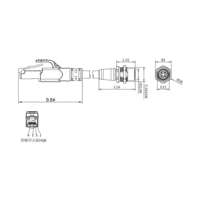 M12 4Pin 板面法兰母头（D-coded）转RJ45公头直型、双端预铸PVC非柔性电缆、带屏蔽、绿色护套、0C3061-xxx